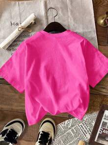DrmWander Plus Size Round Neck Short Sleeve Casual Papaya Print T-Shirt, Versatile For Summer - Hot Pink - View 2