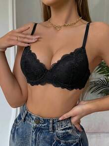 DesireSculpt 1pc Thick Cup Comfortable Lace Underwire Bra, Elegant Lift & Support For Small Bust Women - Black - View 1