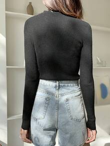 DAZY Mock Neck Ribbed Knit Jumper - Black - View 8