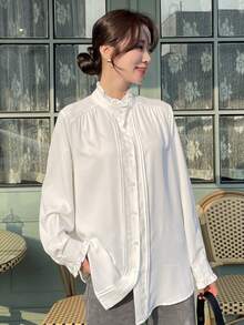 DAZY Frilled Neck Flounce Sleeve Blouse,Long Sleeve Tops,Fall Clothes - White - View 3