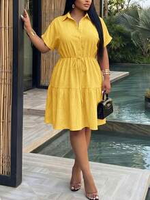 Slaydiva Plus Size Elegant Fitted Short Sleeve A-Line Ruffle Hem Shirt Dress,Yellow,Summer,Casual,Vacation,Holiday,Party,Birthday,Back To School,Campus Style - Yellow - View 3