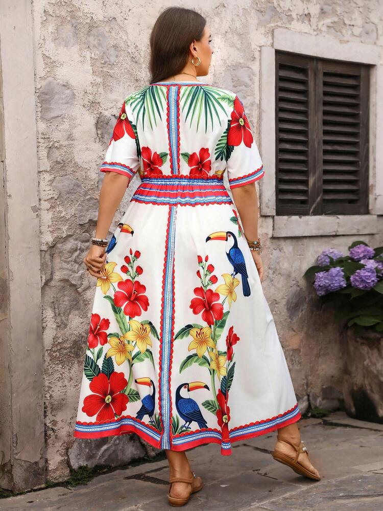 Plus Size Women Floral Print V-Neck Short Sleeve Casual Dress Beach Outfit For Women  Summer Outfits For Women