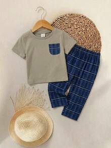 SHEIN Baby Jungen Karohemd mit Tasche & Karoshorts 2 Stücke Set, Lässig & Bequem - Hellgrau - Übersicht 4