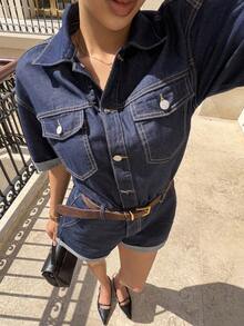 SHEIN PETITE 娇小款女士短袖牛仔连体裤，休闲日常及夏季办公连体裤 - 深色水洗藍 - 查看 5