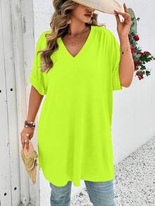 EMERY ROSE Camiseta de cuello en V minimalista de unicolor talla grande, para uso diario - Amarillo - Ver 4