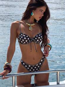 Swim Mod 復古美式甜辣風女款坦基尼泳衣套裝，Bralette 內墊式胸罩、可調式細肩帶、前蝴蝶結、後綁帶、白色滾邊三角泳褲，復古美式甜辣風，適合夏季度假、音樂節、海灘派對、泳池派對，吸睛、隨性、煥發活力，海灘穿搭 - 棕色 - 查看 3