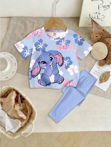 夏季家庭套裝 少女可愛卡通藍兔 Lulu Stitch 花卉圓領寬鬆短袖 T-shirt 緊身褲 2 件套 - 彩色 - 查看 3