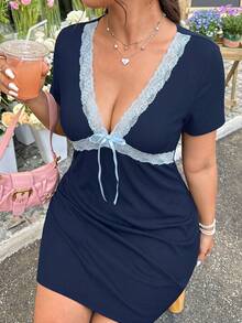 GalTyme Plus Size Navy Blue Contrast Lace Bow Decor V-Neck Dress, Summer Date Night Tropical - Blue - View 6