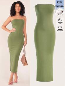 SHEIN BASICS 女士优雅纯色连衣裙，夏季 - 橄欖綠 - 查看 2