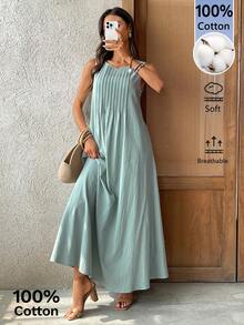 EMERY ROSE Đầm không tay xếp ly màu trơn dành cho nữ, đầm đi nghỉ mát 100% cotton, đầm maxi cotton kiểu Ý, đầm đi nghỉ mát 100% cotton, đầm hè cho nữ - màu xanh lá - Xem 4
