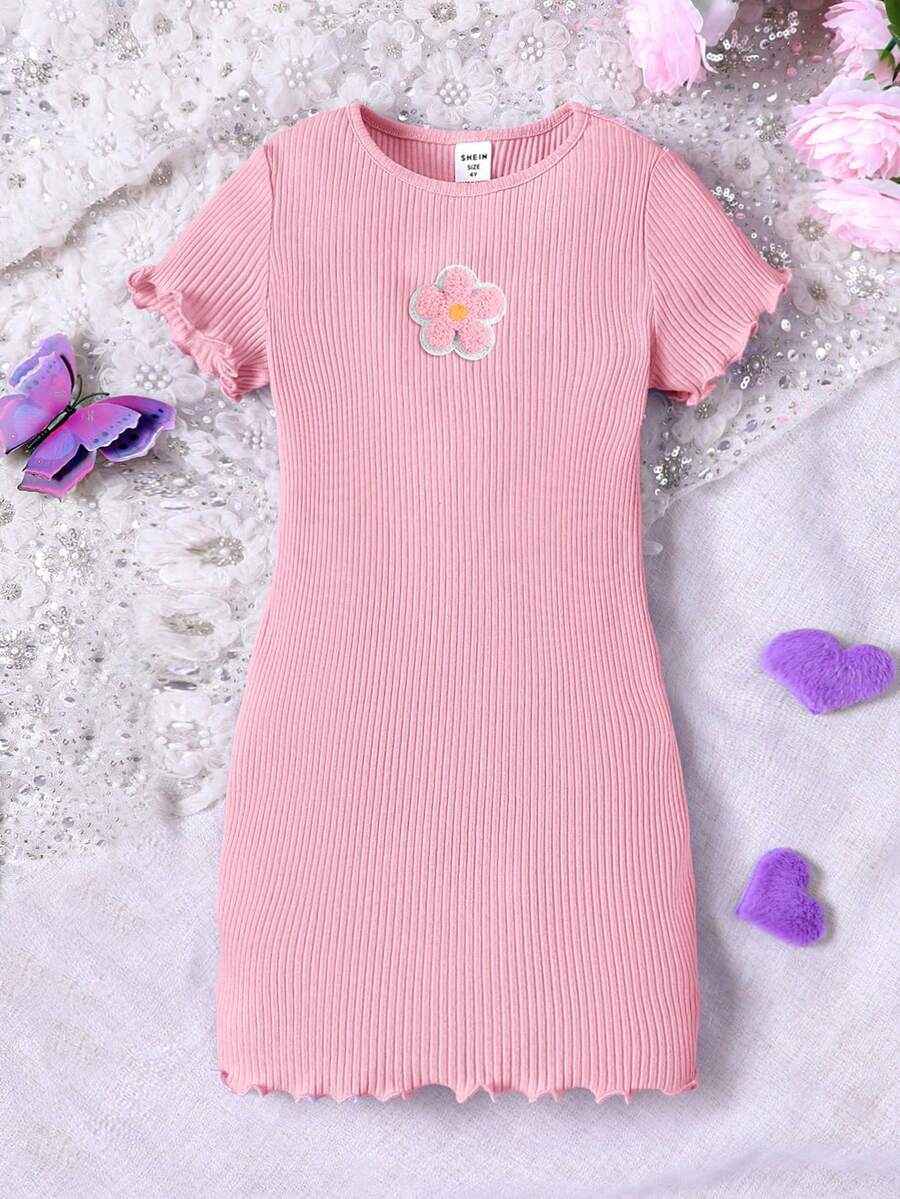 Tween Girl Basic Casual Spring/Summer Knit Round Neck Fitted Butterfly Applique Dress - Pink - View 1