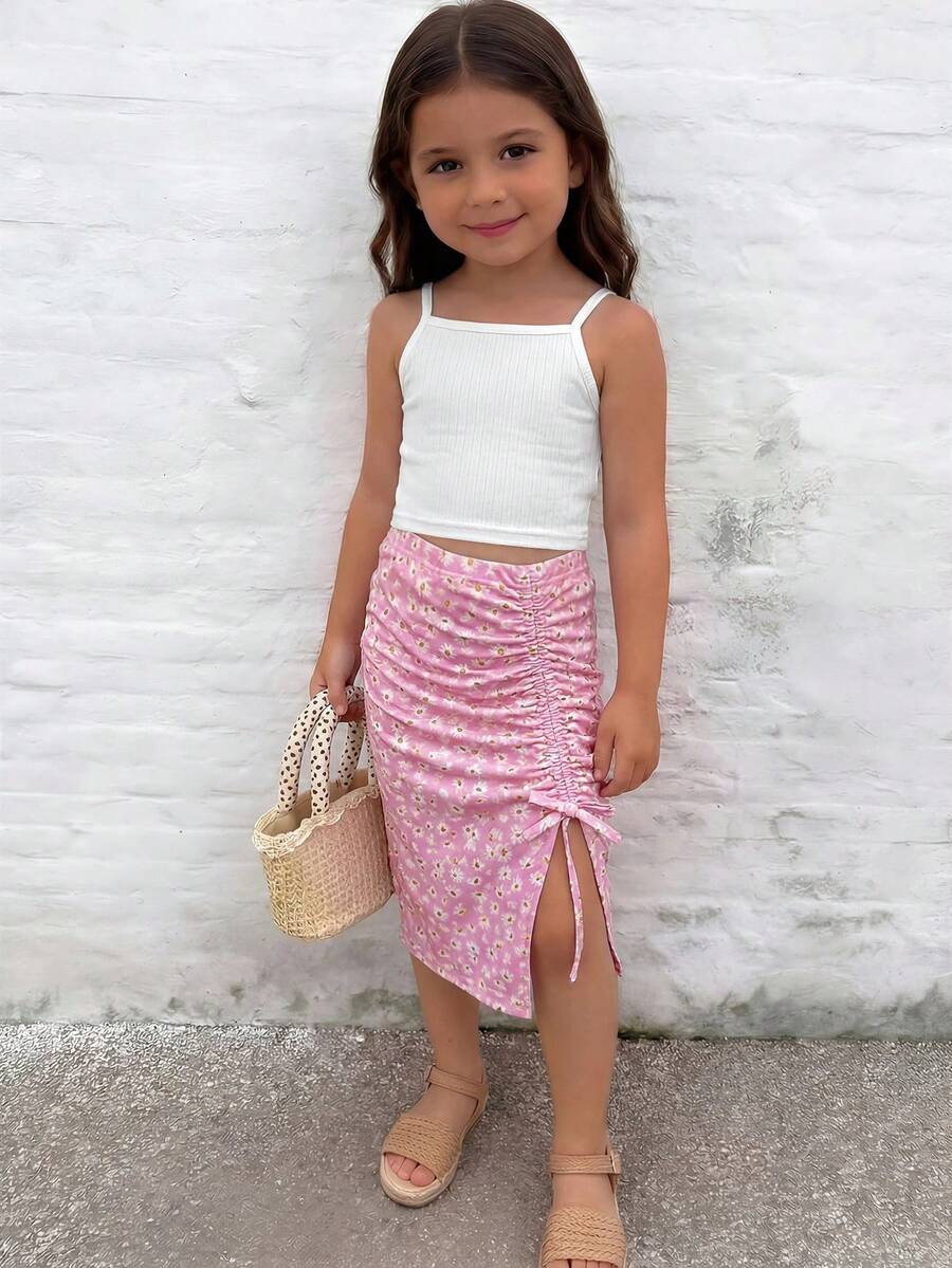 Emery Rose Kids Emery Rose Kids 2件組少女針織素色吊帶上衣與碎花休閒裙套裝 - 彩色 - 查看 1