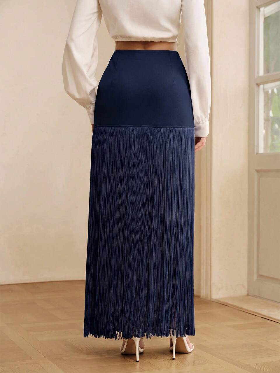 Anewsta Summer New Elegant Solid Color Splicing Dynamic Flowing Tassel Skirt, Summer