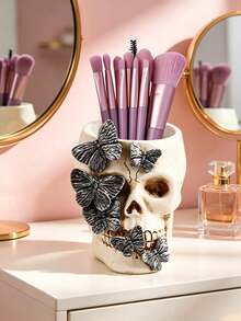 Gothic Skull And Butterfly Resin Storage Box - The Unique Engraved Design With Black Butterflies Makes It Perfect For Storing Makeup Brushes, Pencils Or Small Accessories. It Can Be Placed On A Vanity Table, Office Desk Or A Gothic-Style Corner. It Offers A Fashionable And Avant-Garde Storage Solution For Those Who Love Beauty And Alternative Home Decoration. - New Model - View 2