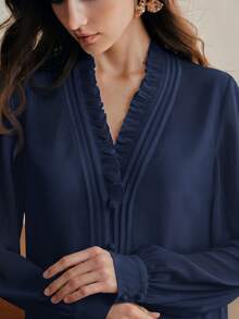 Anewsta Essential Elegant French Style V-Neck Ruffle Trim Fashionable Blouse, Suitable For New Year, Spring, Summer, White, Valentine's Day - Navy Blue - View 1