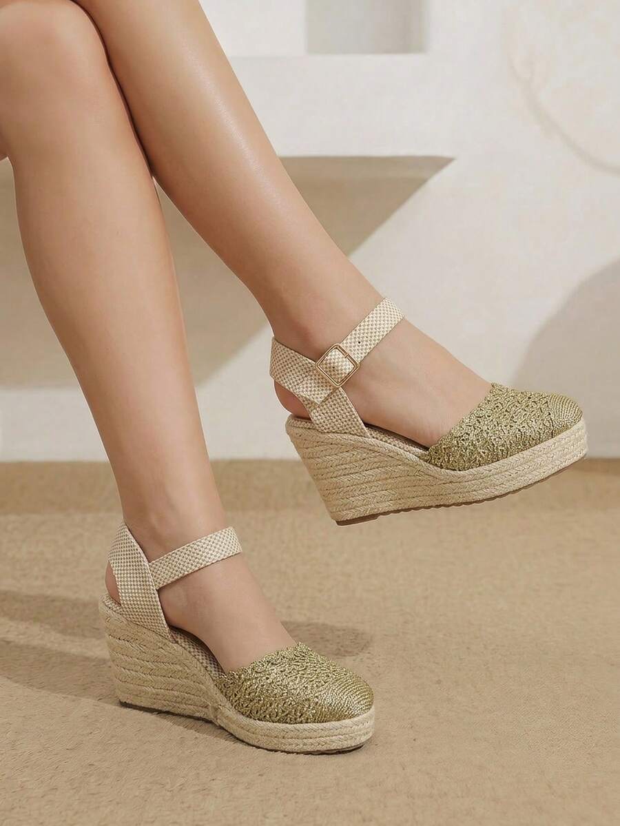 Styleloop Giày cao gót đế xuồng dệt từ dây gai dầu và rơm, quai ngang mắt cá chân màu vàng, giày sandal đế xuồng kiểu Boho phù hợp cho đi chơi, nghỉ mát, hẹn hò hàng ngày, đi biển, du lịch, phong cách thường ngày với giày nữ. - Vàng - Xem 1