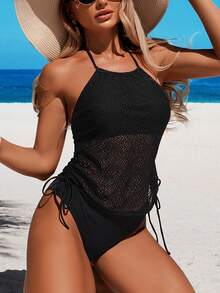 Swim Chiccia Bộ đồ bơi nữ 2 món, kiểu tankini hai dây, màu đen, kín đáo, thoải mái, thích hợp cho bơi lội, kỳ nghỉ, bãi biển, họa tiết jacquard hình học, phối lưới, xếp ly, dây rút. - màu đen - Xem 6