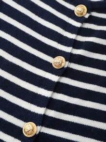 SHEIN LUNE Women's Spring/Summer Tops, Holiday, June Festival Outfit, Vintage Casual Elegant Blouse, Commute Office Outing Wear, Vacation Outfit, Round Neck V-Neck Women's Tops, Striped Contrast Navy Blue & White Blouse, Short Sleeve Metal Button Women's Knit Cardigan - Blue and White - View 5