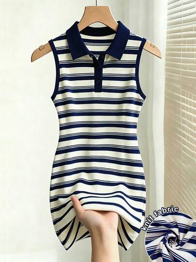 MYSTAURA Đầm dệt kim ngắn không tay ôm sát, cổ polo, kẻ sọc kiểu đại học