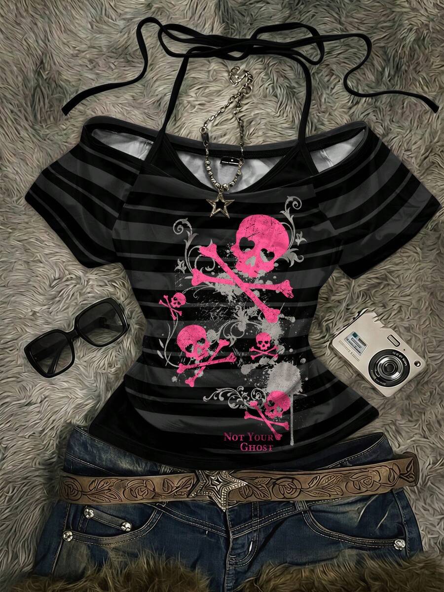 Attitoon Women's Skull Print Striped Casual Sleeveless Mock Neck T-Shirt - Multicolor - View 1
