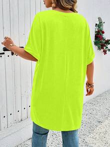 EMERY ROSE Camiseta de cuello en V minimalista de unicolor talla grande, para uso diario - Amarillo - Ver 2