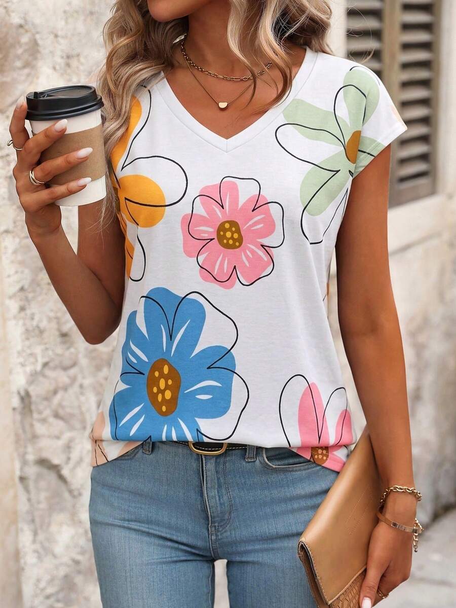 EMERY ROSE Women Gradient V-Neck Short Sleeve Casual T-Shirt, Summer Graphic Tees Women Tops - Multicolor - View 1