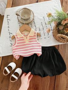SHEIN LMoss Kids 女婴可爱夏季条纹 Polo 领背心和松紧腰荷叶边短裤套装 - 粉色 - 查看 6
