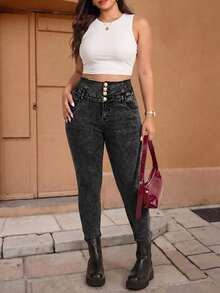 Elaquor Plus Size Casual High Waist Slim Fit Washed Jeans For Women,Dark Blue Winter Casual Night Out Club Y2K Leopard Print Cargo Denim Wide Leg Baggy Pants - Black - View 1
