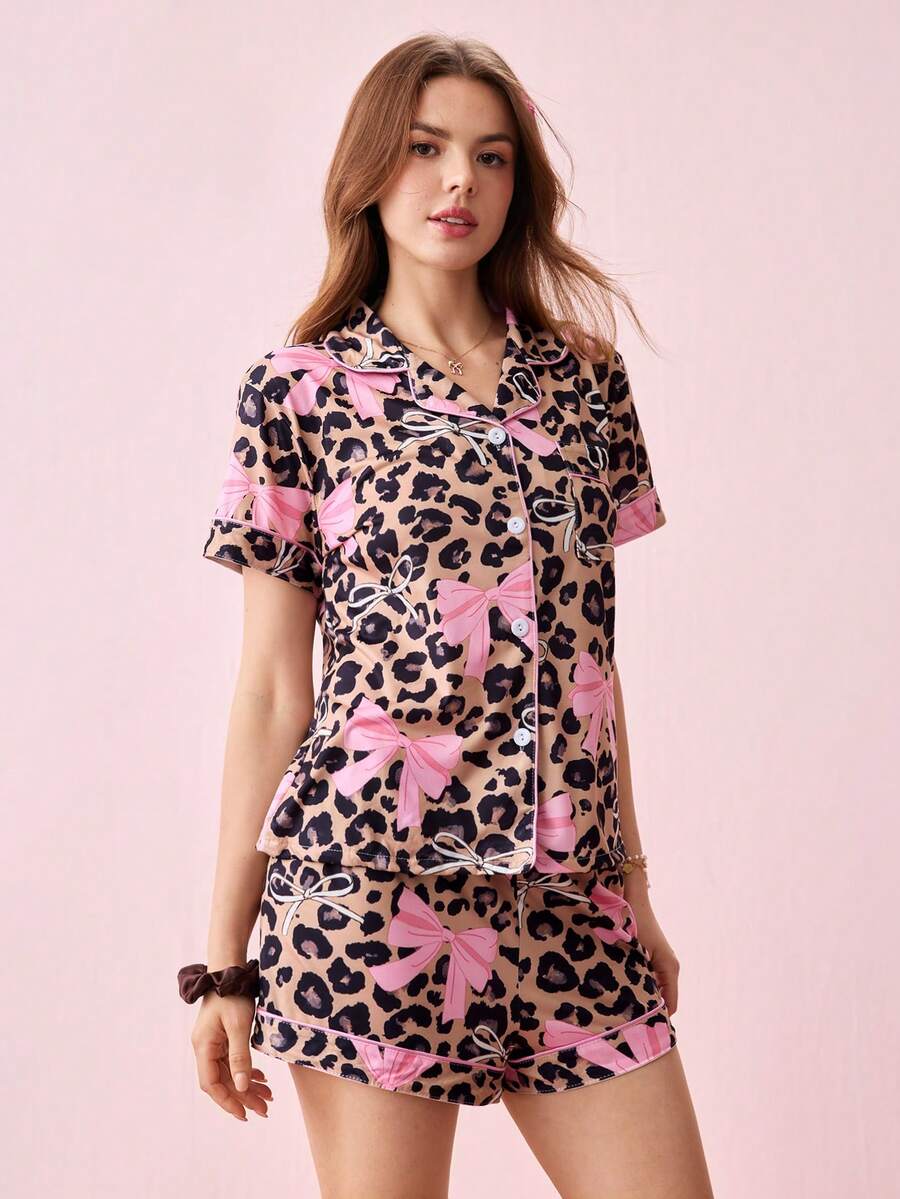 Bonmuse Marira 2pcs Leopard Bowknot Print Women Pajama Set, Collar Shirt Short Sleeve Comfortable Top And Elastic Waist Shorts Casual Wear - Pink - View 1