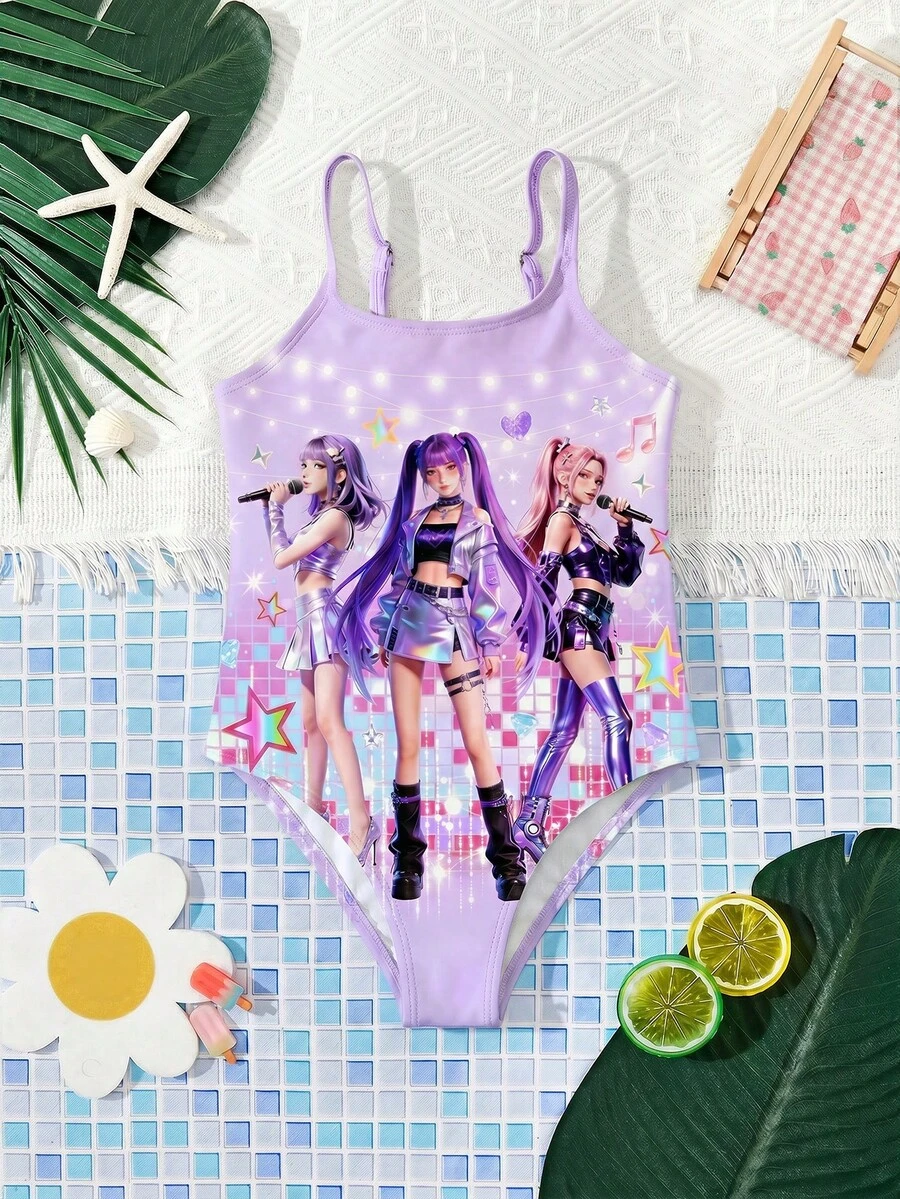 SHEIN 女童卡通连体泳衣 - 紫色 - 查看 1