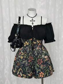 Sunspun Plus Size Contrast Color Off Shoulder Midi Dress, Dark Aesthetic - Multicolor - View 1