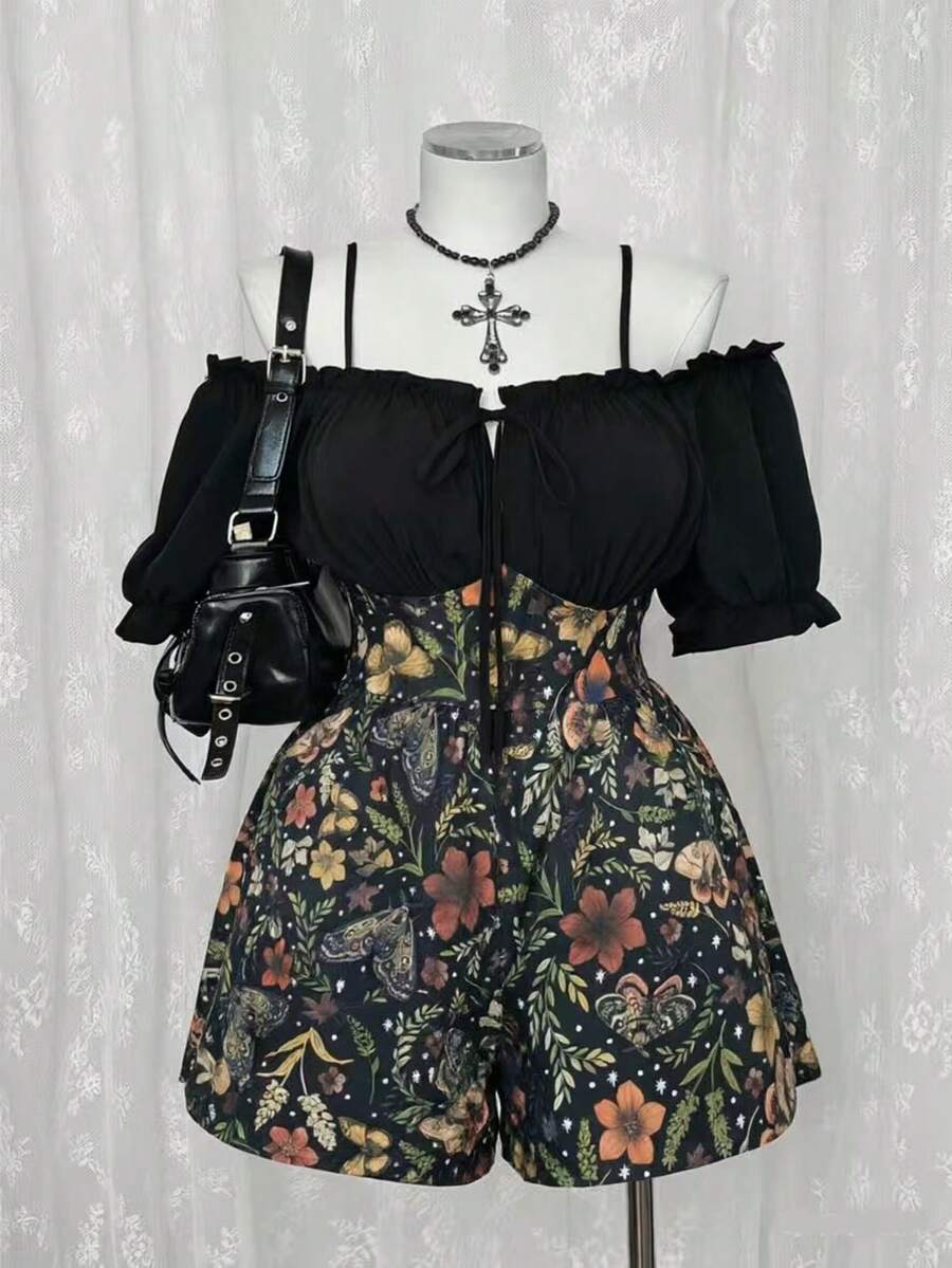 Sunspun Plus Size Contrast Color Off Shoulder Midi Dress, Dark Aesthetic - Multicolor - View 1
