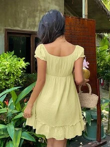Sunnyshic 女士蕾丝拼接深V领短袖夏季连衣裙 - 黃色 - 查看 2