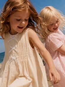 Maija Kids Maija Kids 1件少女白色夏季仙女風海灘度假棉質無袖陽光裙，圓領梭織連身裙，蝴蝶結裝飾，休閒卡其色，適合外出 - 卡其色 - 查看 3