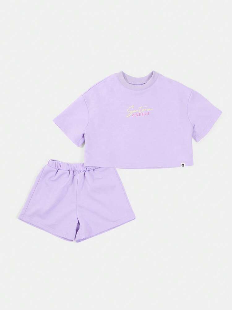 Conjunto de Top Cropped e Shorts Elásticos com Estampa Gráfica Oversized de Santorini, Grécia, para Meninas Jovens em Férias de Verão