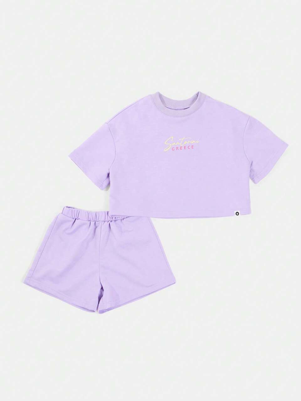 Conjunto de top corto y shorts elásticos con gráfico de Santorini, Grecia para niñas jóvenes en vacaciones de verano
