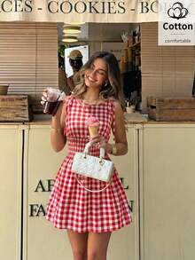 Pariaura Women's Plaid Print Sleeveless Short Casual Dress - Red and White - View 3