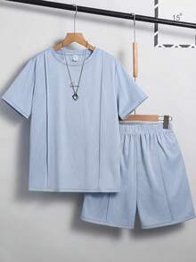 SHEIN 2件套青少年男童休闲字母印花圆领短袖上衣和短裤套装，适合通勤、上学、日常穿着、运动、春夏季节穿着。 - 淺藍色 - 查看 3