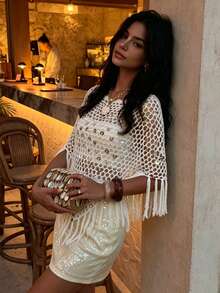 Selianne Women's Casual Boho Vacation Crochet Sequin Embellished Tasseled Hem Knit Top Beach Cream Summer - White - View 5