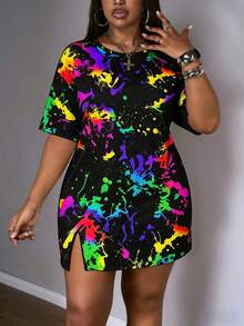 Slaydiva Plus Size Tie-Dye Print Round Neck Summer Short Sleeve Dress, Suitable For Party - Multicolor - View 6