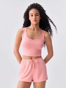 Loungeista 3 pezzi/set pigiama da donna con top senza maniche e pantaloncini, in poliestere sottile tinta unita, set di abbigliamento da casa minimalista e confortevole, adatto per primavera/estate, nero/grigio/rosa 6 pezzi - Multicolore - Visualizzare 3