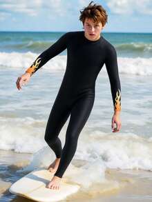 SHEIN Teen Boys Casual Flame-Patterned Long-Sleeved Swimsuit With Sun Protection, Suitable For Spring And Summer Surfing And Beach Vacations. - Black - View 5