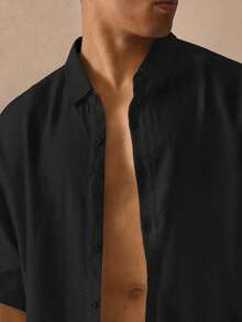 Musero Short Sleeve Boxy Button Through Collared Drop Shoulder Linen Shirt Spring Summer Holiday Essentials Beachside - Black - View 2