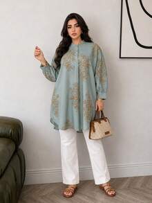 Solavon Plus Size Women Floral Print Long Sleeve Button Mandarin Collar Blouse - Multicolor - View 6