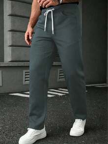 SLATEMANN Men's Black And Dark Grey Drawstring Pants,Comfortable Casual Work Pants For Autumn,Y2K Style Practical Design For Dates,Weddings,Photography - Dark Grey - View 4
