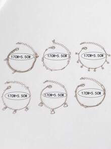 ROMWE Grunge Punk 6 Pieces Set Of Simple And Fashionable Alloy Five-Pointed Star Tassels Hollow Love Three-Dimensional Heart Tassel Bracelet Set Female Date Gift - Silver - View 3