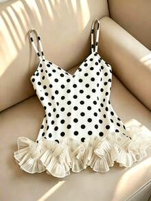 Franclia Women's Elegant Satin Double-Layered Ruffled Sleeveless Camisole,White With Black Polka Dots,Summer,1960s Vintage,Cute,Tea Party,Casual Vacation Top - Black and White - View 3