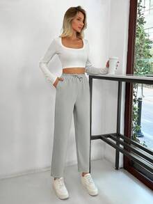 SHEIN PETITE Petite Pants With Drawstring, Slanted Pockets - Grey - View 5