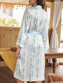 Lullawish Bata de satén con estampado floral y de rayas en estilo bohemio con mangas acampanadas de color contrastante para mujeres - Multicolor - Ver 2