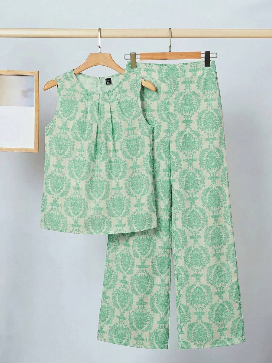 SHEIN Tween Girl Loose Round Neck Sleeveless Pink Floral Print Blouse And Wide Leg Pants 2 Pieces Vacation Set - Multicolor - View 1